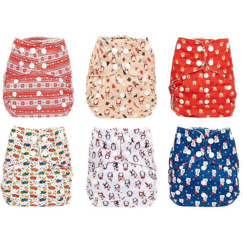 Simple Being Reusable Cloth Diapers, Double Gusset, One Size Adjustable, Washable Soft Absorbent, Waterproof Cover, Eco-Friendly Unisex Baby Girl Boy, six 4-Layers Microfiber Inserts (Christmas) - Image 2