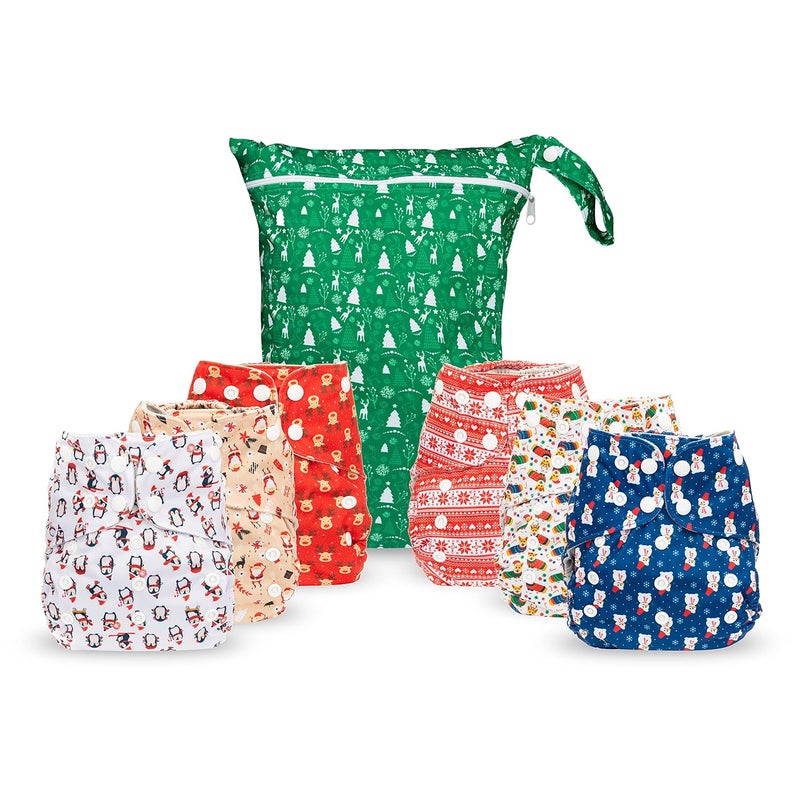Simple Being Reusable Cloth Diapers, Double Gusset, One Size Adjustable, Washable Soft Absorbent, Waterproof Cover, Eco-Friendly Unisex Baby Girl Boy, six 4-Layers Microfiber Inserts (Christmas) - Image 1