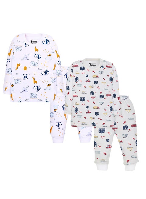 Funny Bunny Pack of 2 Long Sleeve and Pants Baby Boy Sleepwear Set, Cotton Pyjamas with White Prints