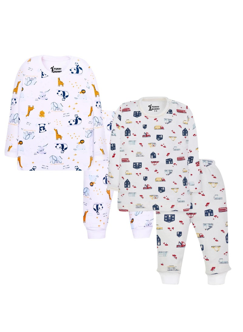 Funny Bunny Pack of 2 Long Sleeve and Pants Baby Boy Sleepwear Set, Cotton Pyjamas with White Prints - Image 1