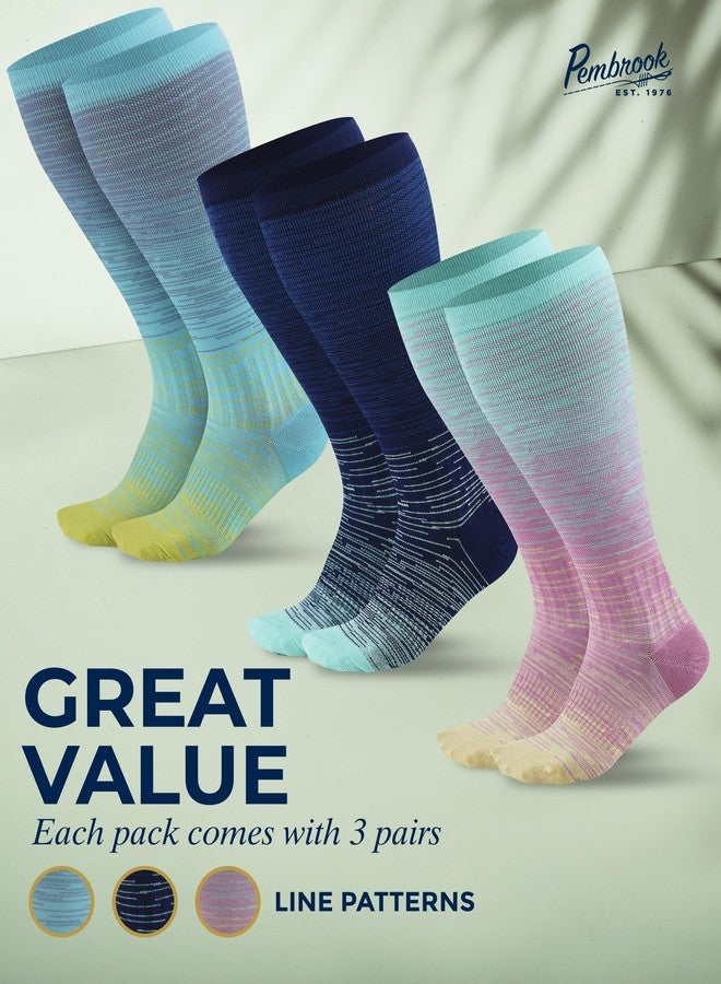 Pembrook 3 Pairs Plus Size Compression Socks Wide Calf - 15-20 mmHg Bamboo Viscose Compression Socks Men Wide Calf, Plus Size Knee High Socks, xxl Compression Socks Men, Line Patterns 3XL - Image 2