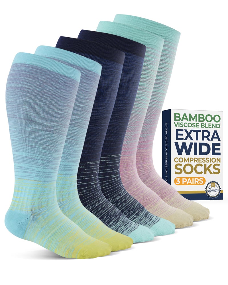 Pembrook 3 Pairs Plus Size Compression Socks Wide Calf - 15-20 mmHg Bamboo Viscose Compression Socks Men Wide Calf, Plus Size Knee High Socks, xxl Compression Socks Men, Line Patterns 3XL - Image 1