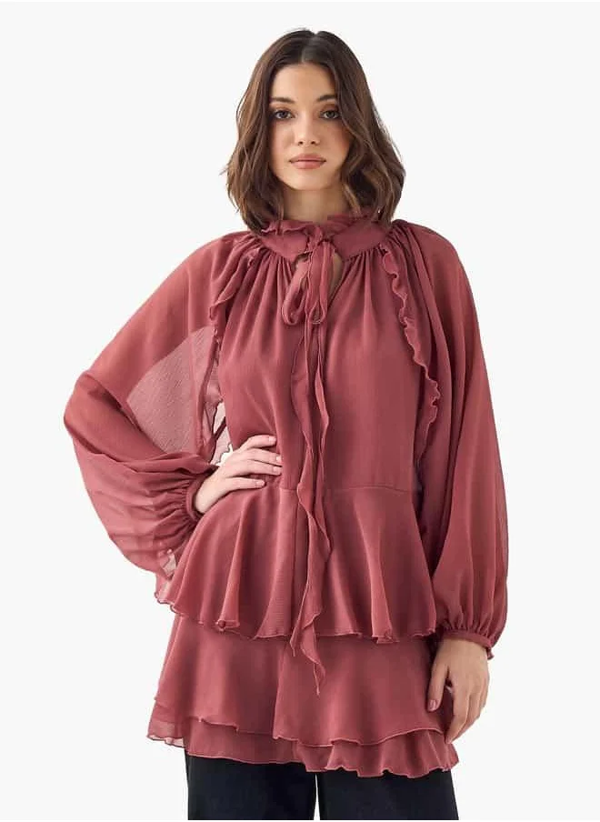 ايكونيك Iconic Ruffle Detail Top with Tie-Up Neck and Long Sleeves