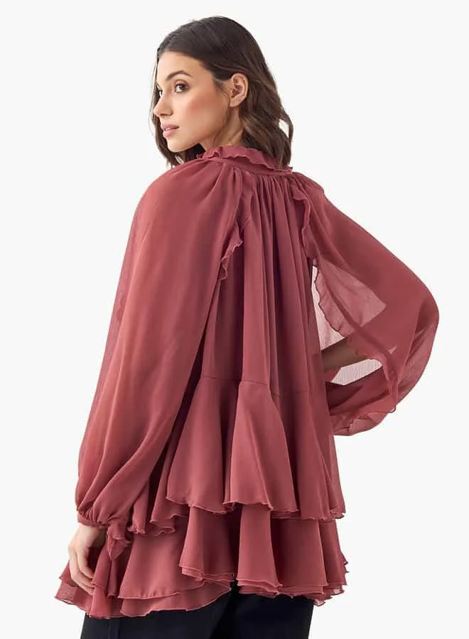 Iconic Iconic Ruffle Detail Top with Tie-Up Neck and Long Sleeves