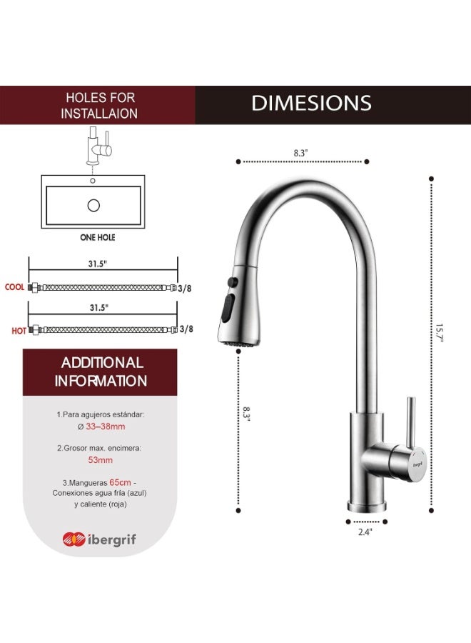 Streamflow Kitchen Faucet with Hot & Cold Water, Pull-Out Spray Tap with 2 Modes – 360° Rotating Spout Kitchen Sink Mixer, Silver - Image 2