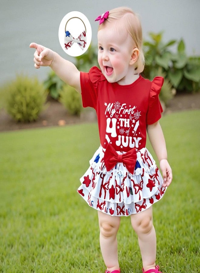 FOCUSNORM 4th of July Baby Girl Clothes Bow/Ice Cream Print Romper Short Skirt Sets My First 4th of July Baby Girl Outfit (Cute Red, 12-18 Months) - Image 2