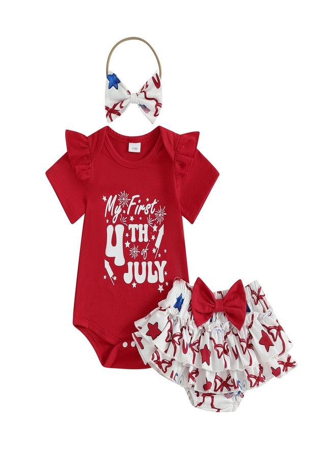 FOCUSNORM 4th of July Baby Girl Clothes Bow/Ice Cream Print Romper Short Skirt Sets My First 4th of July Baby Girl Outfit (Cute Red, 12-18 Months) - Image 1
