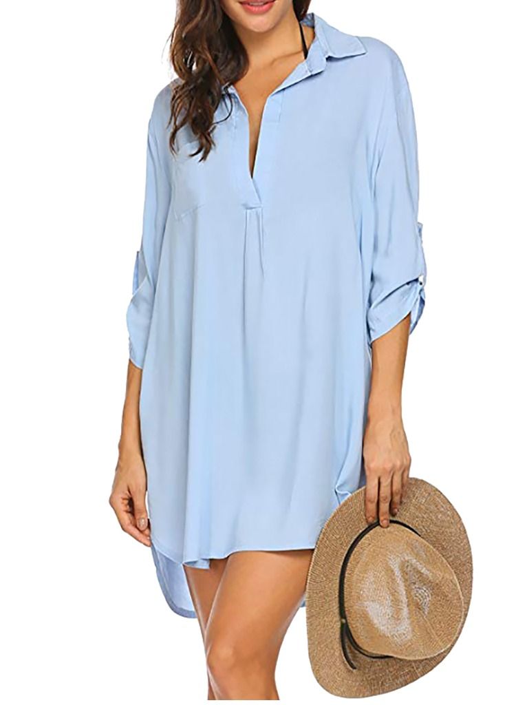 Loquat Women's Swimsuit Beach Cover Up Shirt Bikini Beachwear Bathing Suit Beach Dress Blue - Image 2