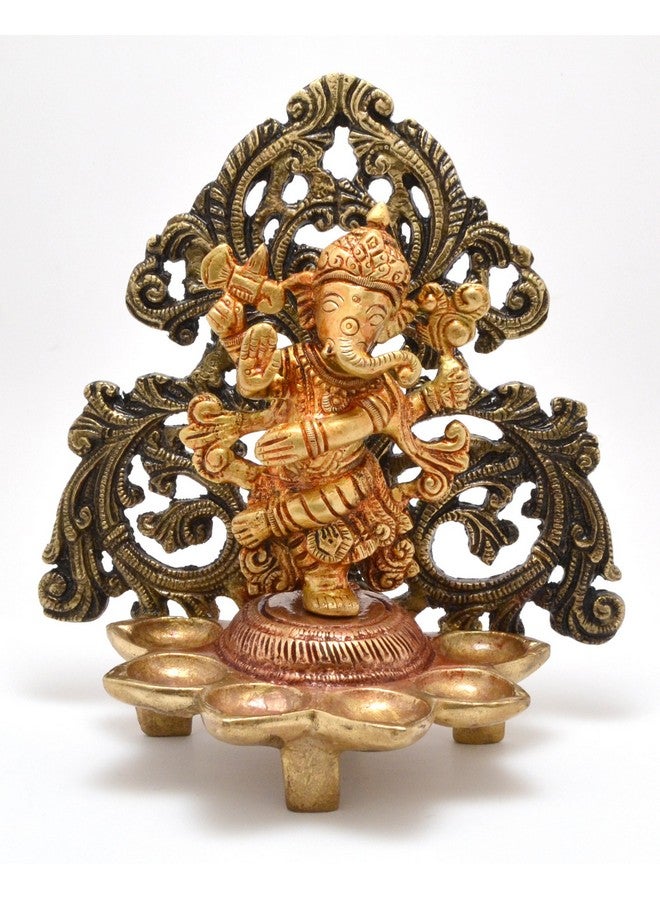 Two Moustaches Dancing Ganesha Carving Brass Diya Stand- Antique Brown, Diya for Puja Brass, Brass Diyas for Home Decoration, Standard, Pack of 1 - Image 1