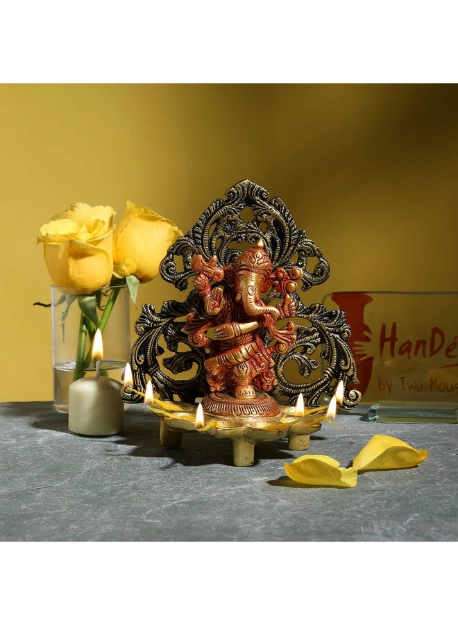 Two Moustaches Dancing Ganesha Carving Brass Diya Stand- Antique Brown, Diya for Puja Brass, Brass Diyas for Home Decoration, Standard, Pack of 1 - Image 3