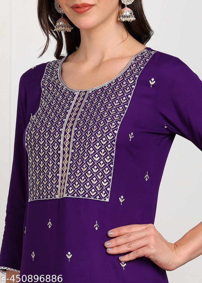 ELLITI Floral Embroidered Round Neck Sequinned Straight Kurta (Violet : XL) - Image 5