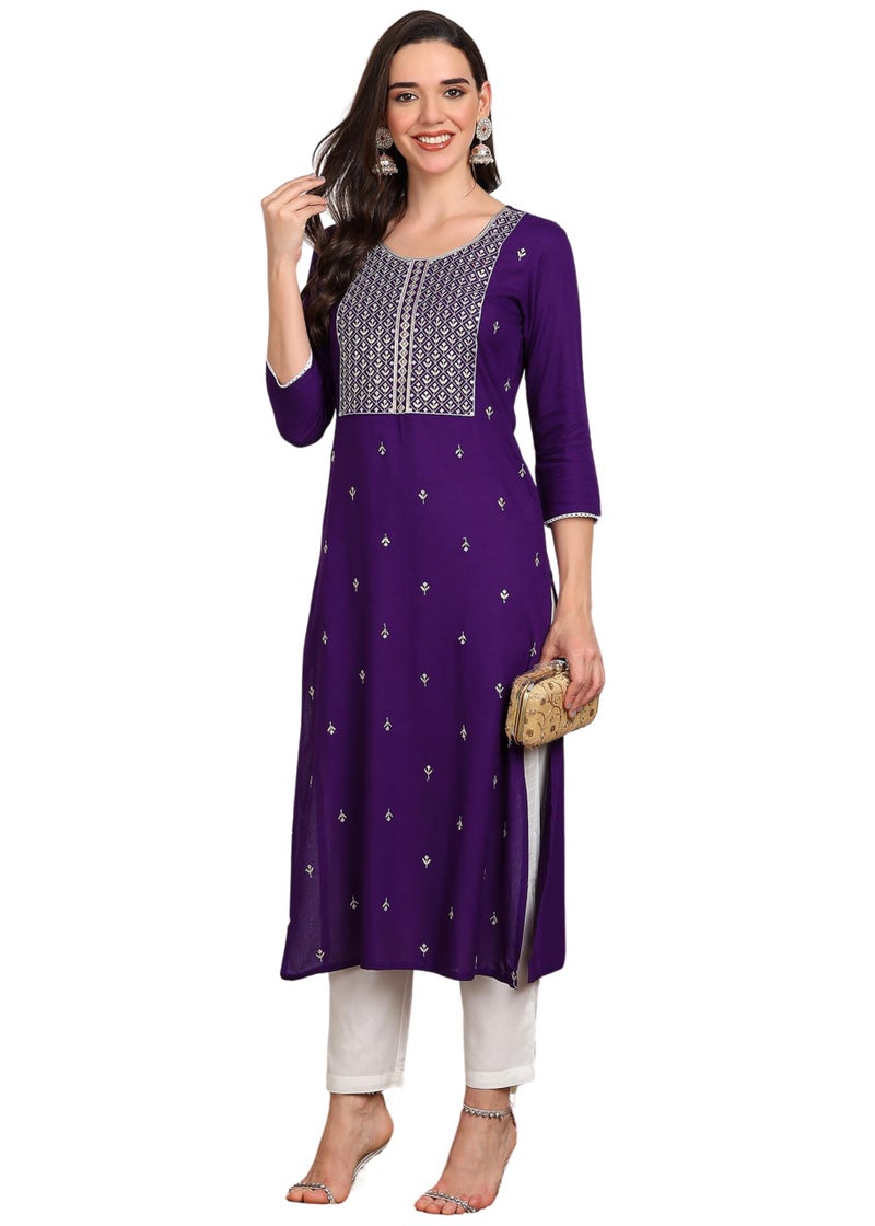 ELLITI Floral Embroidered Round Neck Sequinned Straight Kurta (Violet : XL) - Image 1