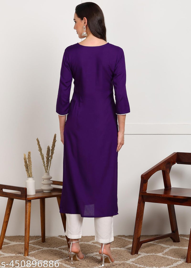 ELLITI Floral Embroidered Round Neck Sequinned Straight Kurta (Violet : XL) - Image 3