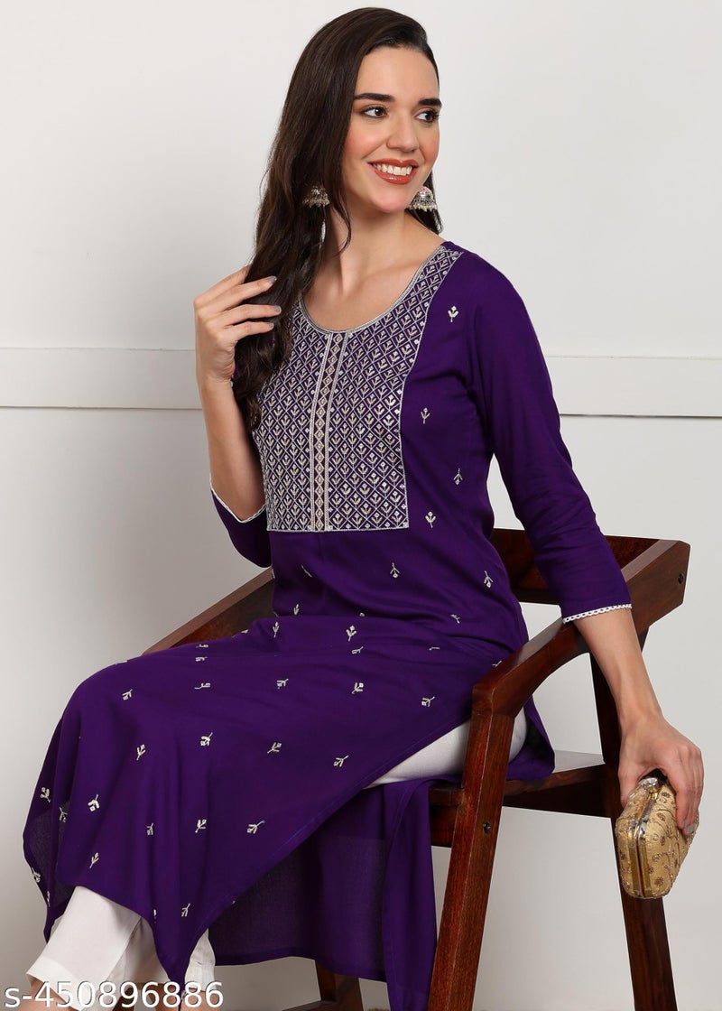 ELLITI Floral Embroidered Round Neck Sequinned Straight Kurta (Violet : XL) - Image 4