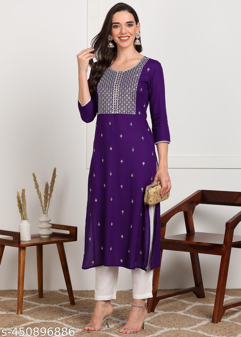 ELLITI Floral Embroidered Round Neck Sequinned Straight Kurta (Violet : XL) - Image 2