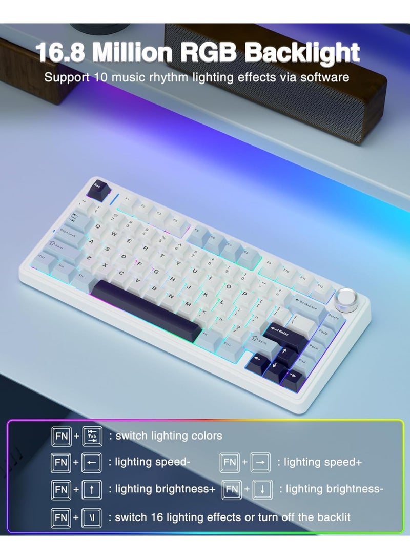 أولا F75 75% Wireless Mechanical Keyboard, Hot Swappable Creamy Keyboard, Pre-lubed Reaper Switches, 2.4GHz/Type-C/BT5.0, RGB Backlit Gaming Keyboards - White & Blue - Image 5