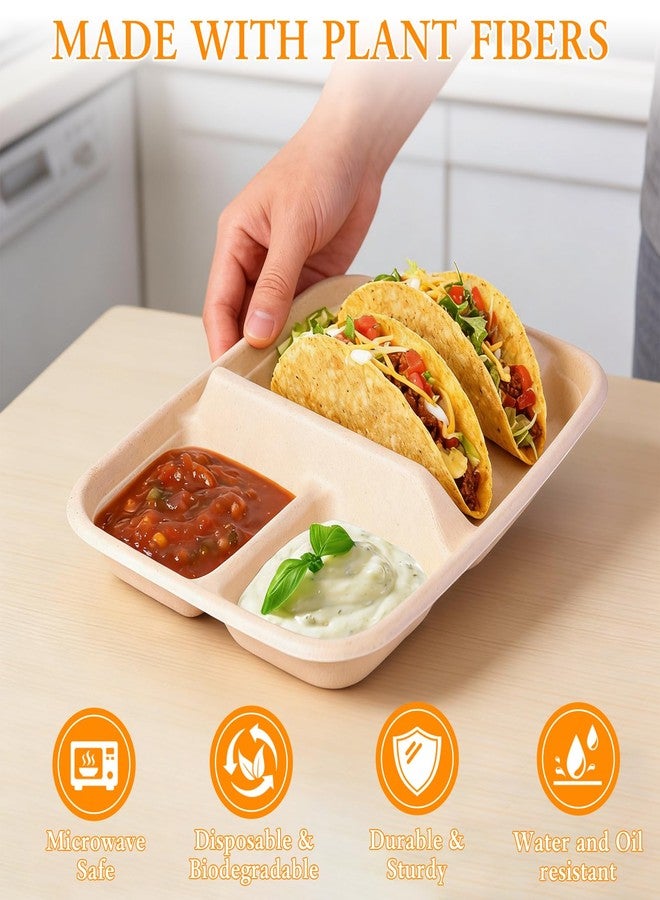 tchrules 50pcs Taco Plates Disposable for 2 Tacos & 2 Sides, Premium Paper Taco Holders for Tacos Tuesday Bar Serving Set, Decorations Supplies (50) - Image 2