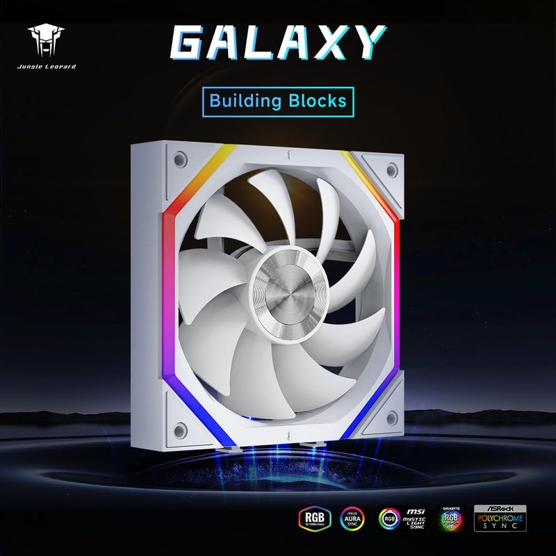 Jungle Leopard Galaxy 120mm PC Reverse Blade Case Fans, ARGB and PWM Cooling Fan PC, Axle Core Double Ring CD Pattern Module Computer Fans, Daisy-Chain 5V RGB Fan (White 3 Pack) - Image 2