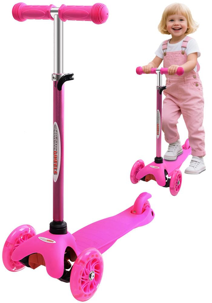 ChromeWheels Scooter for Kids Deluxe 4 Adjustable Height 3 Wheels Glider with Kick Lean to Steer with LED Flashing Light Pink