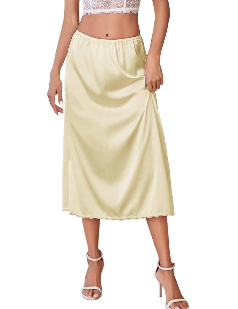 Avidlove Satin Culotte Slips for Women Long Half Slip Lace Underskirt(Beige,M) - Image 1