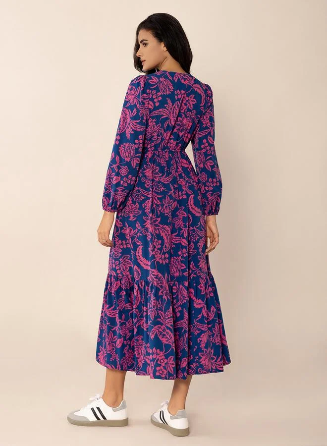 Take Two Take Two Floral Print V Neck A-Line Midi Dress