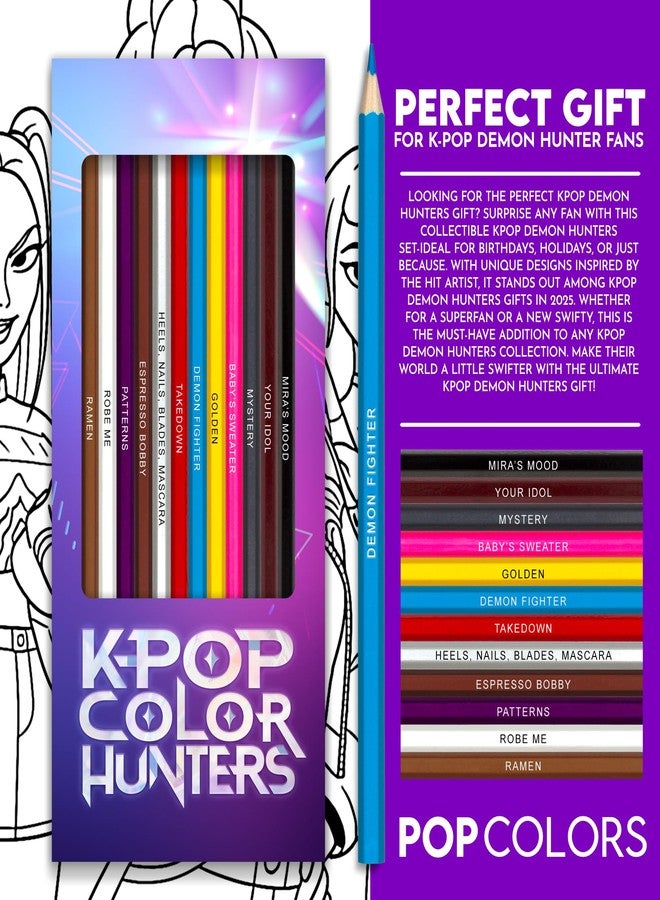 مجموعة أقلام تلوين Pun Labs KPop Color Hunters - 12 قلمًا بأسماء مميزة مطبوعة برقائق معدنية، مستوحاة من أنمي K-Pop Demon Hunters، أقلام ذات قلب ناعم للتلوين والرسم، هدية مثالية لمحبي أنمي K-Pop Hunters. - Image 4