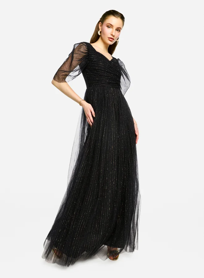 House of Moda House of Moda Puff Sleeves Pleated Tulle Maxi Dress