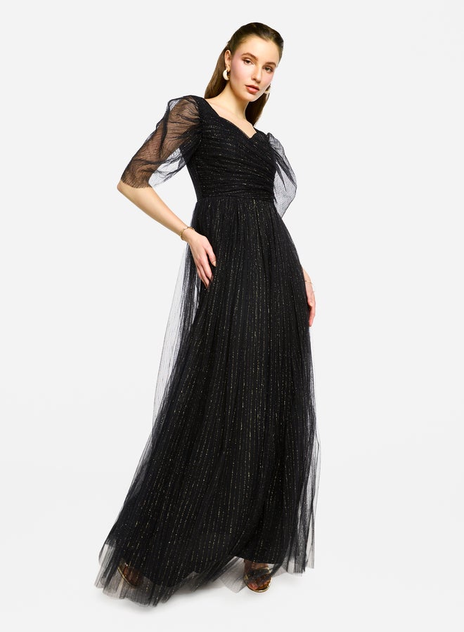House of Moda Puff Sleeves Pleated Tulle Maxi Dress - Image 2