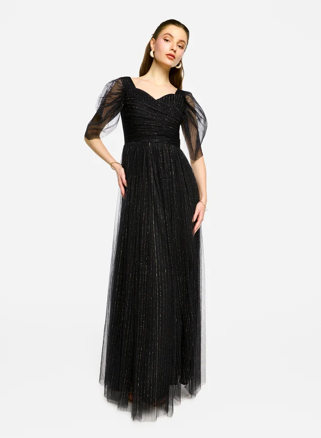 House of Moda House of Moda Puff Sleeves Pleated Tulle Maxi Dress