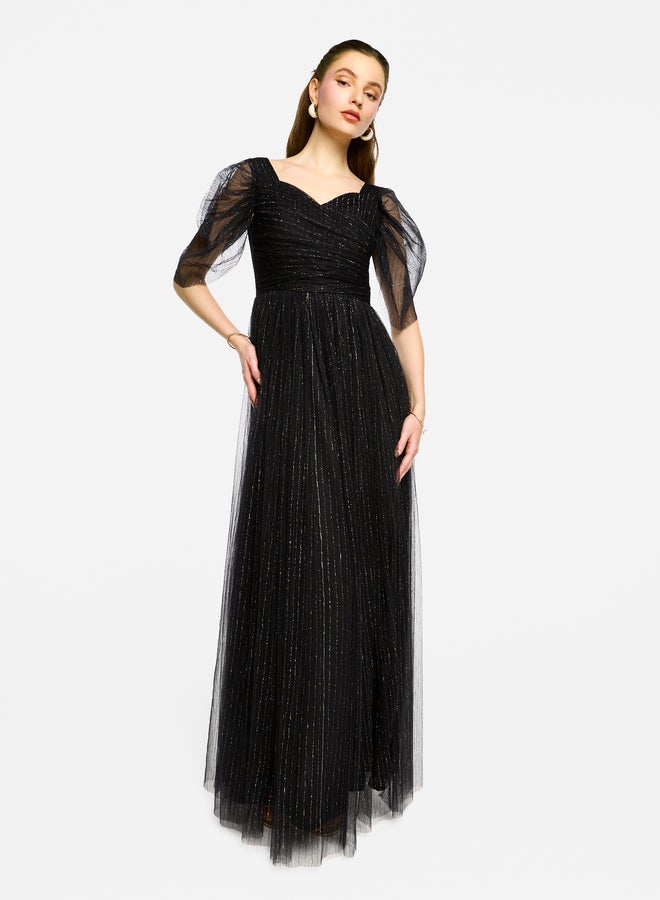 House of Moda Puff Sleeves Pleated Tulle Maxi Dress - Image 1