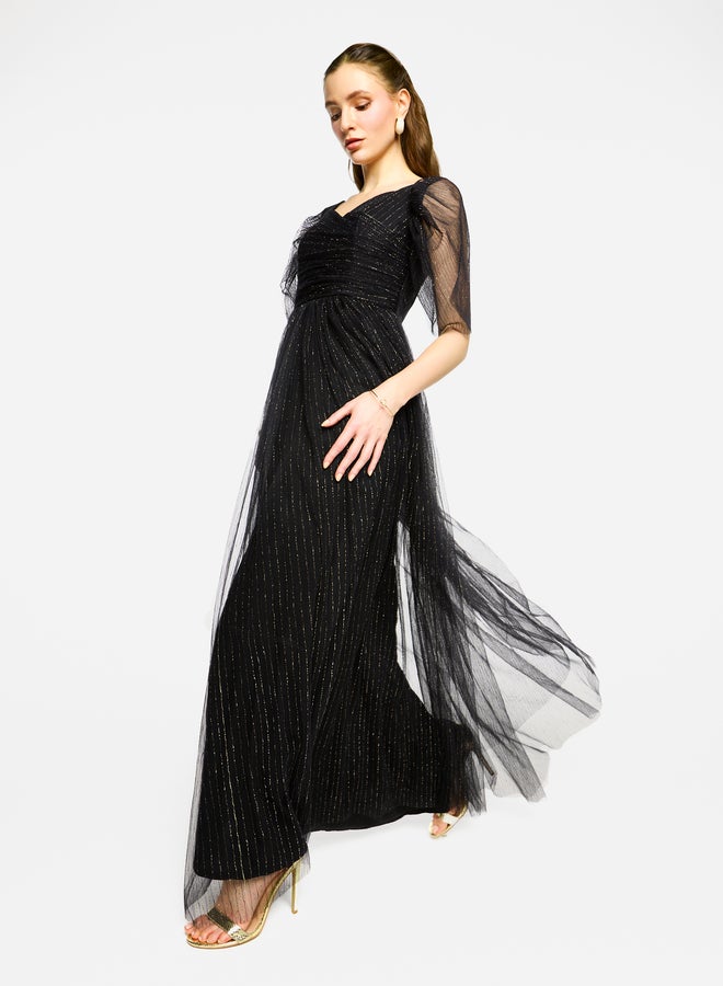House of Moda Puff Sleeves Pleated Tulle Maxi Dress - Image 4