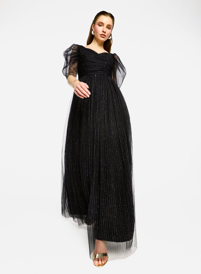 House of Moda Puff Sleeves Pleated Tulle Maxi Dress - Image 3