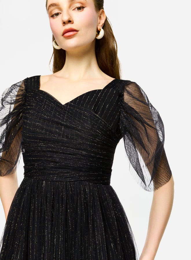House of Moda Puff Sleeves Pleated Tulle Maxi Dress - Image 5