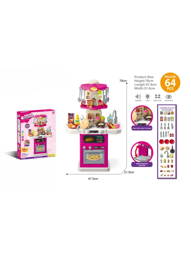 STORE 7 Large Interactive Kids Play Kitchen Set 64 Pieces – Modern Toy Kitchen with Lights, Sound & Real Water Circulation, Pretend Cooking Set with Oven, Stove, Sink & Accessories, Pink Educational Kitchen for Boys & Girls, 78 cm - Image 2