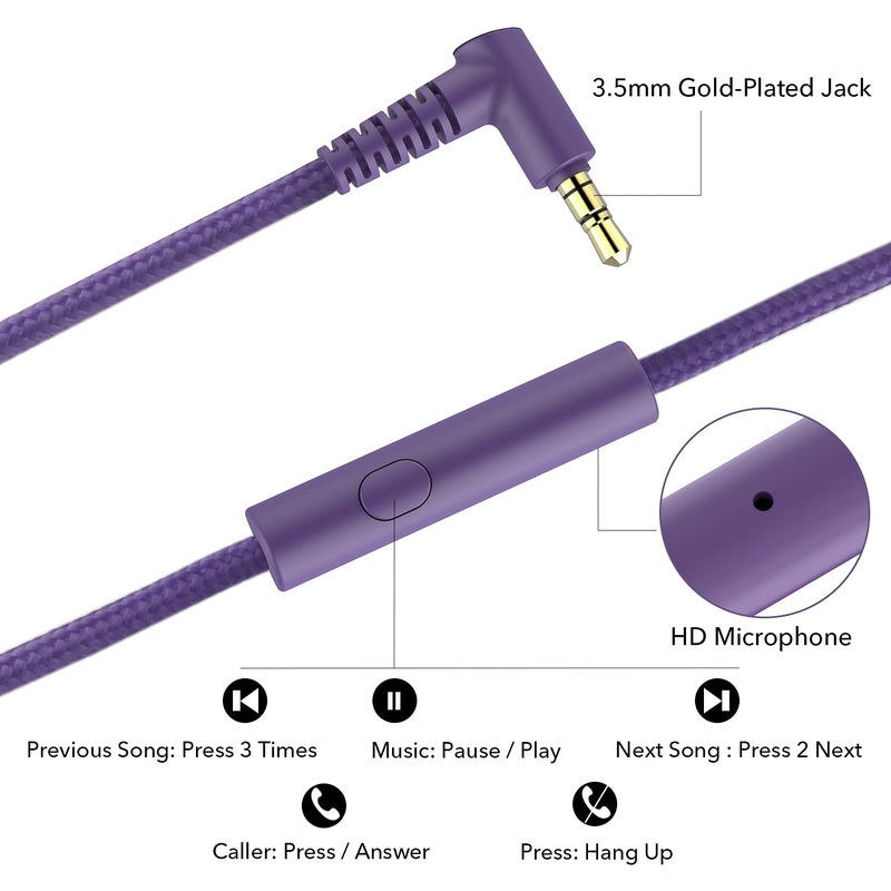 RORSOU R10 Over-Ear Headphones with Microphone, Lightweight Folding Stereo Bass Headset with 1.5M No-Tangle Cord, Portable Wired Headphones for Smartphone Tablet Computer MP3 / 4 (Purple) - Image 5