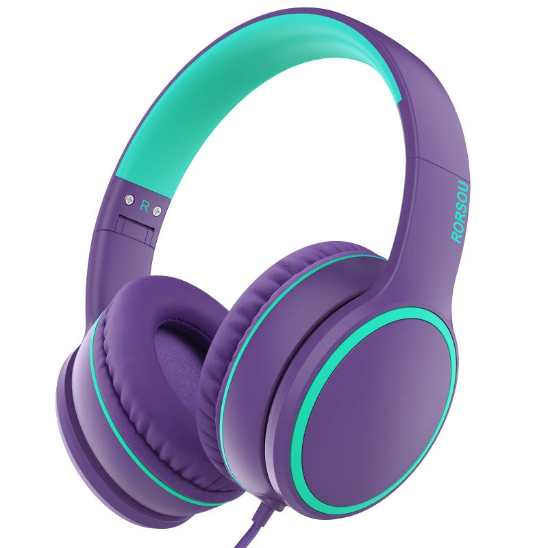 RORSOU R10 Over-Ear Headphones with Microphone, Lightweight Folding Stereo Bass Headset with 1.5M No-Tangle Cord, Portable Wired Headphones for Smartphone Tablet Computer MP3 / 4 (Purple) - Image 1