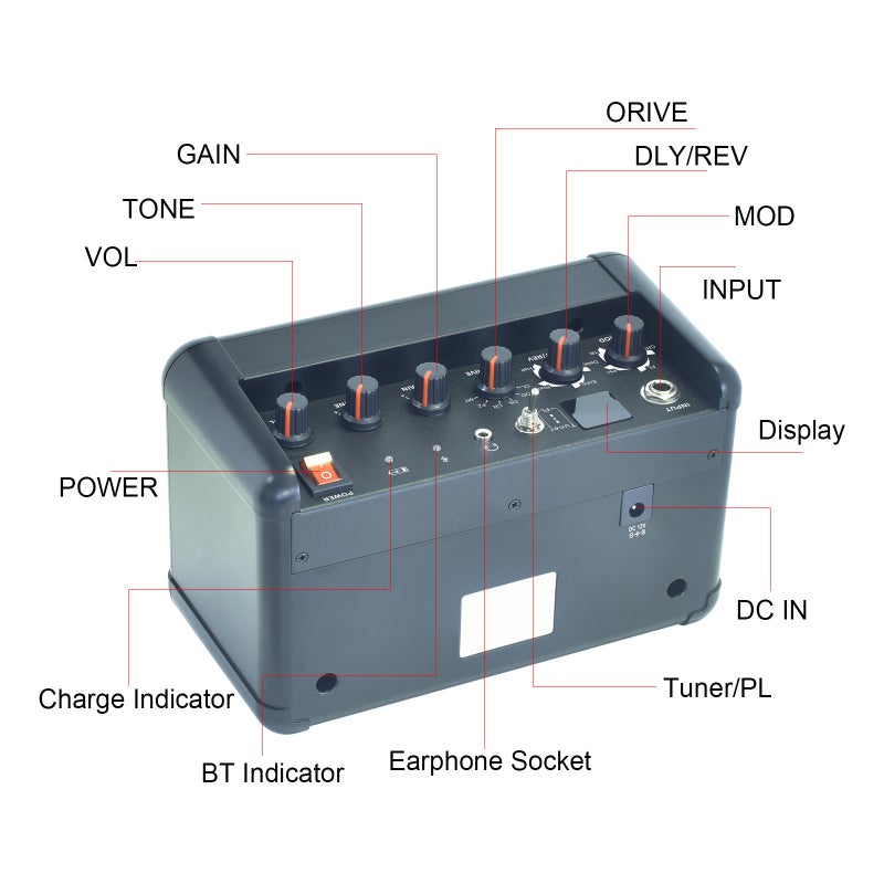 Rowin Electric Guitar Amp: 15W Black Mini Portable Guitar Amp - 6 Classic Cabinet Modes 8 Effect Tones Built-in Tuner & BT Functionality for Guitar Players Practice Performance - Image 4