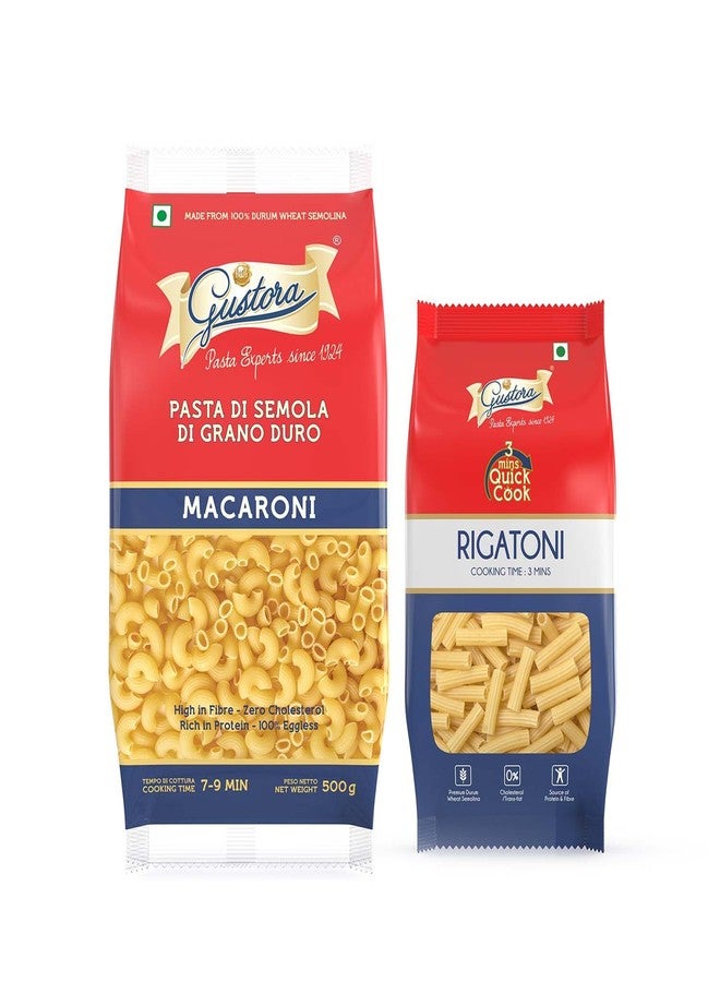 Gustora Healthy Macaroni & Rigatoni Pasta Combo Made Of Durum Wheat Semolina I Rich In Protein & Fibre I Zero Cholesterol I Vegetarian I No Trans - Fat I Cooking Time 10 Min - 700 Gm - Image 1