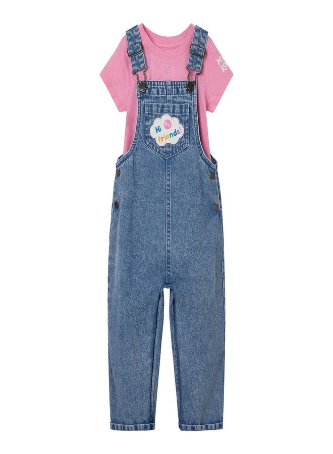 Ms. Rachel Toddler Girls Denim Cosplay Overall, T-Shirt and Headband 3 Piece Outfit Set Blue Denim/Pink 4T - Image 3