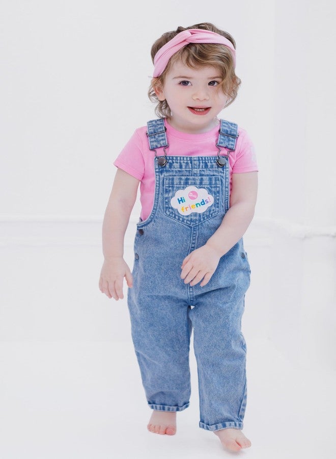 Ms. Rachel Toddler Girls Denim Cosplay Overall, T-Shirt and Headband 3 Piece Outfit Set Blue Denim/Pink 4T - Image 2