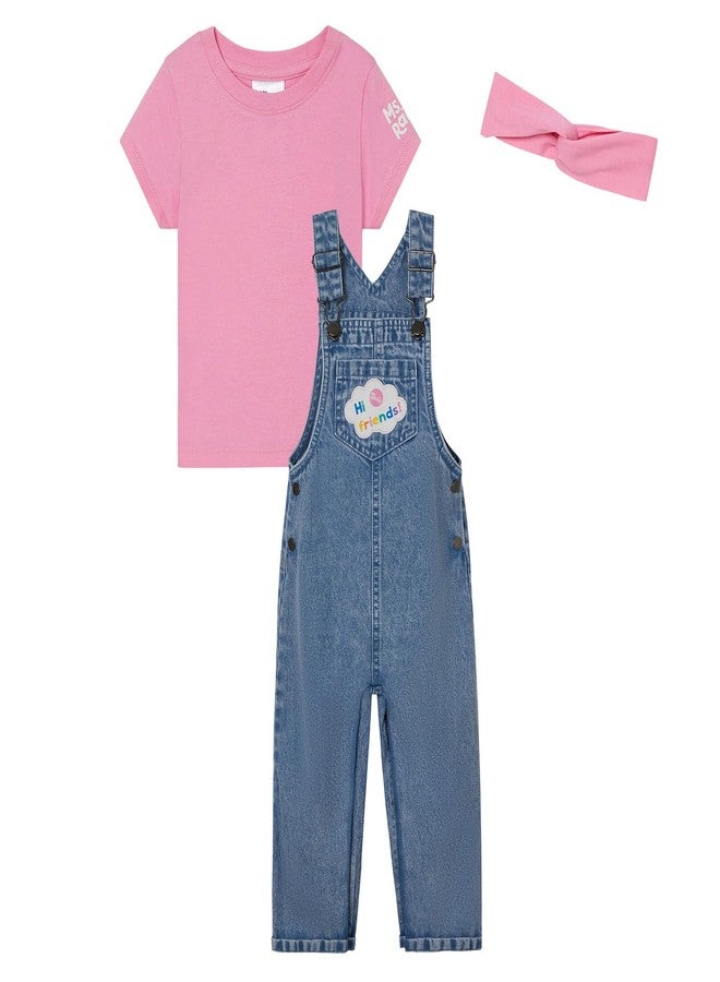 Ms. Rachel Toddler Girls Denim Cosplay Overall, T-Shirt and Headband 3 Piece Outfit Set Blue Denim/Pink 4T - Image 1