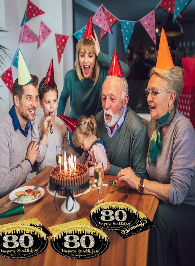 KFJBPB 40 Pcs 80th Birthday Plates and Napkins Party Supplies, Back Gold 80th Dinner Plates Napkins Tableware Set for Men Women Cheers to 80 Years Birthday Party Decorations Serves 20 (80th) - Image 4