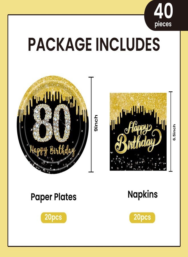 KFJBPB 40 Pcs 80th Birthday Plates and Napkins Party Supplies, Back Gold 80th Dinner Plates Napkins Tableware Set for Men Women Cheers to 80 Years Birthday Party Decorations Serves 20 (80th) - Image 2