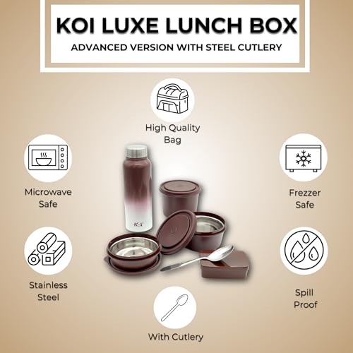 KOI Luxe Lunch Box Set with Insulated Bag and Steel Cutlery – 3 Microwave Safe Containers BPA Free (290ml, 450ml, 600ml), Pickle Box (180ml), and 750ml Steel Water Bottle(Dk Brown Croko) - Image 3