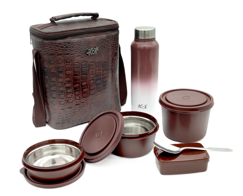 KOI Luxe Lunch Box Set with Insulated Bag and Steel Cutlery – 3 Microwave Safe Containers BPA Free (290ml, 450ml, 600ml), Pickle Box (180ml), and 750ml Steel Water Bottle(Dk Brown Croko) - Image 1