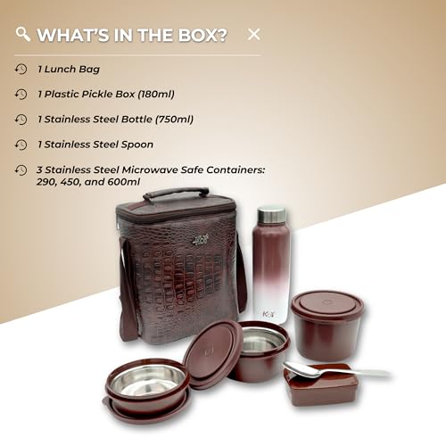 KOI Luxe Lunch Box Set with Insulated Bag and Steel Cutlery – 3 Microwave Safe Containers BPA Free (290ml, 450ml, 600ml), Pickle Box (180ml), and 750ml Steel Water Bottle(Dk Brown Croko) - Image 4