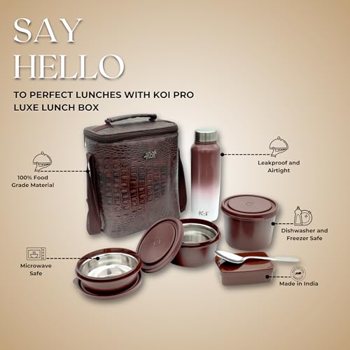 KOI Luxe Lunch Box Set with Insulated Bag and Steel Cutlery – 3 Microwave Safe Containers BPA Free (290ml, 450ml, 600ml), Pickle Box (180ml), and 750ml Steel Water Bottle(Dk Brown Croko) - Image 2