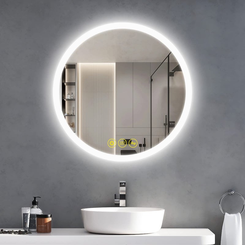 Okiss OKISS 24 inch Round Lighted Bathroom Mirror with Smart AntiFog LED 3Color Dimmable Light Up Mirror for Wall Makeup 