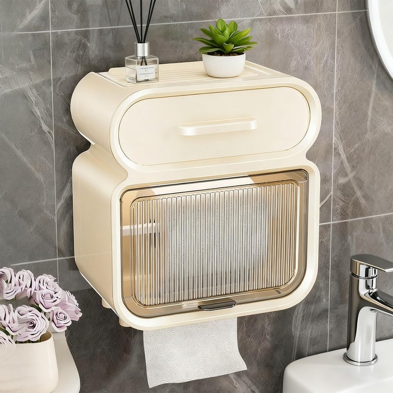 LINJIE Toilet Paper Holder, Wall-Mounted Tissue Box, Waterproof Toilet Paper Dispenser with Drawer, Punch-Free Hanging Tissue Roll Storage Box for Bathroom Kitchen Living Room - Image 1