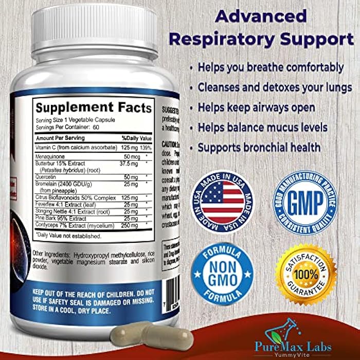 YUMMYVITE Lung Support Supplement, Lung Cleanse & Lung Detox Formula, Lung Health Support for Clear Lungs, Comfortable Breathing, Bronchial Health, 60 Capsules - Image 2